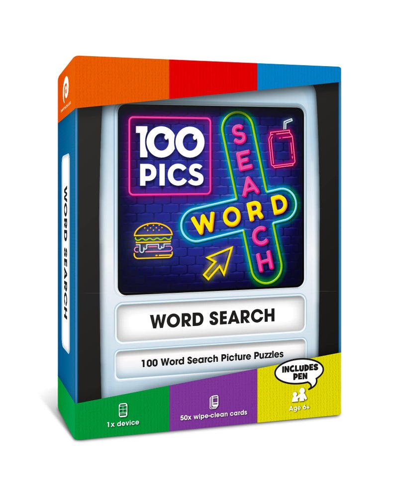100 PICS Word Search Travel Game - 100 Puzzles with Picture Clues | 50 Wipe Clean Cards with Slide Reveal case and Pen | Activity, Gift, Stocking Stuffer | for Kids and Adults, Age 6+ - Image 1
